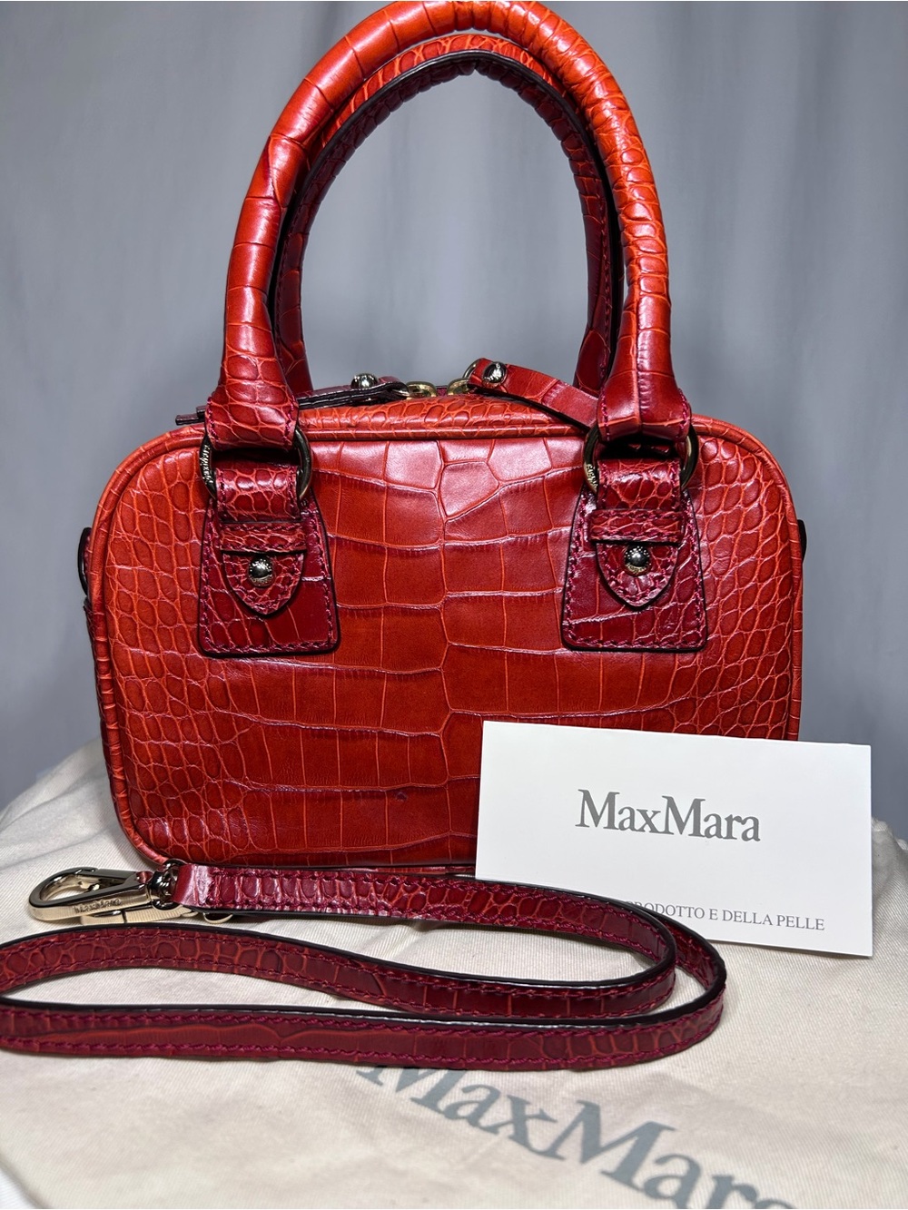 MaxMara Red Croc-Embossed Leather Satchel with Strap